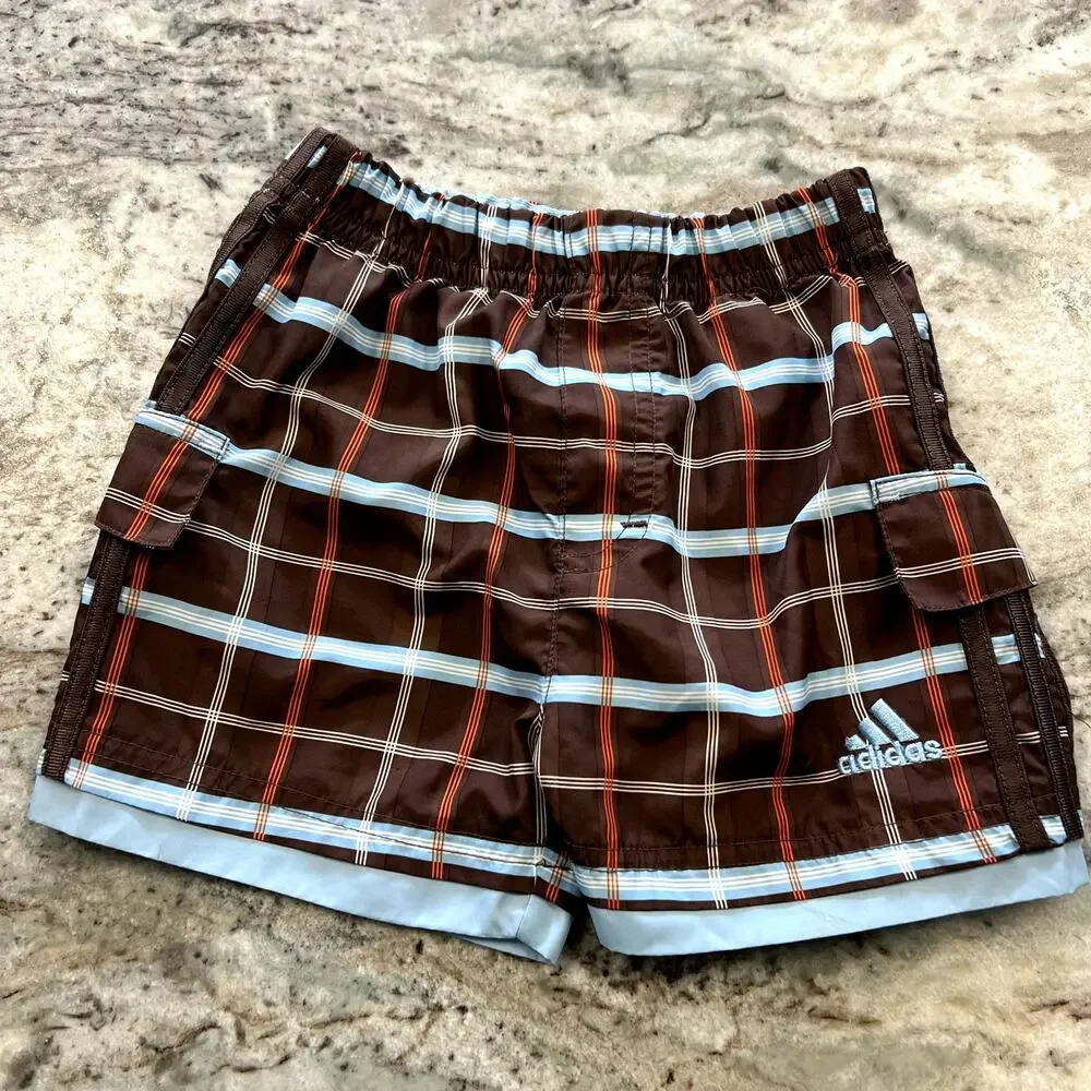 Adidas Brown + Blue Plaid Swim Trunks Size 18 Mo